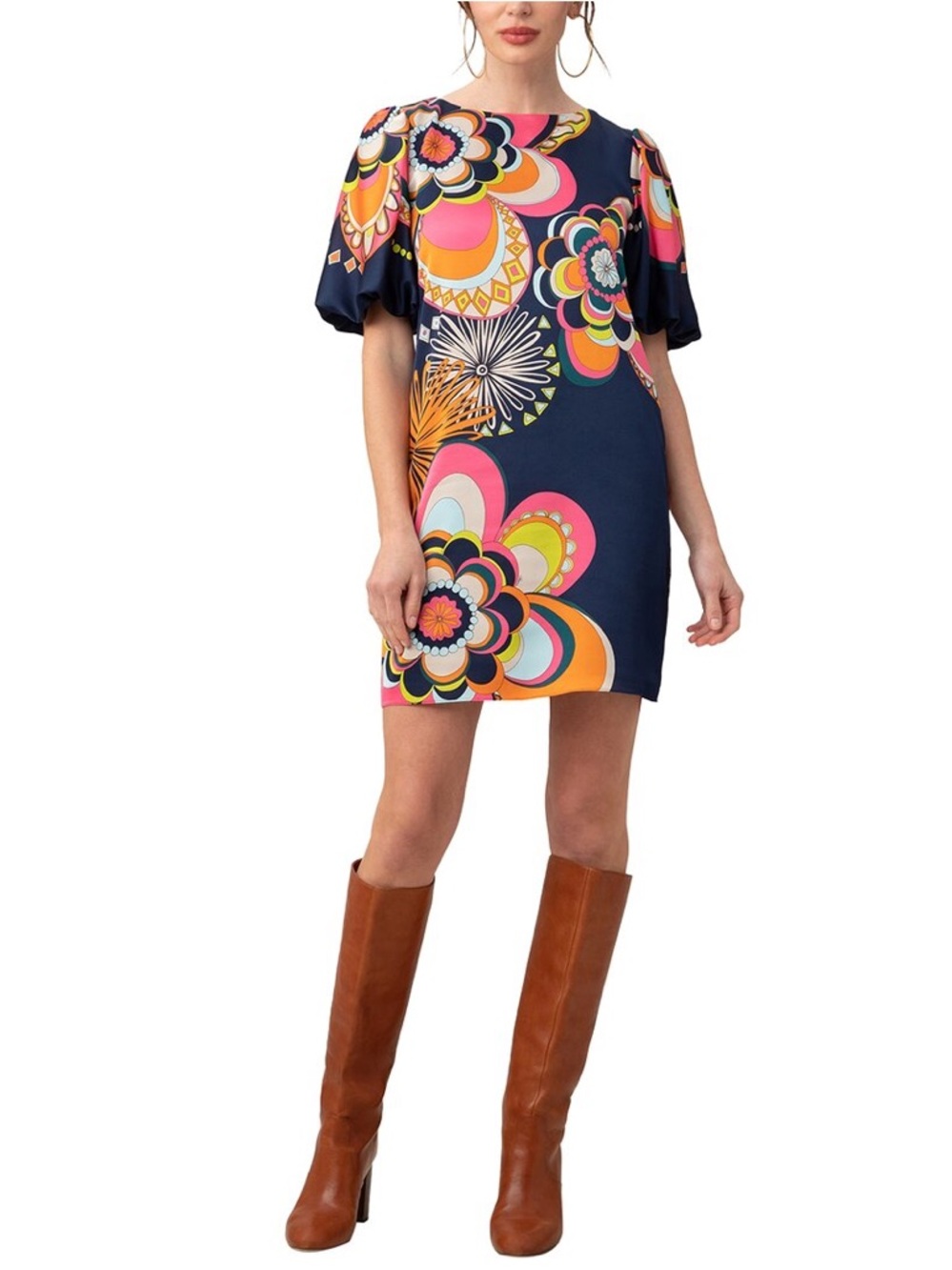 Trina Turk Luv Navy Mini Dress with retro Pink, Orange & Yellow Floral Print